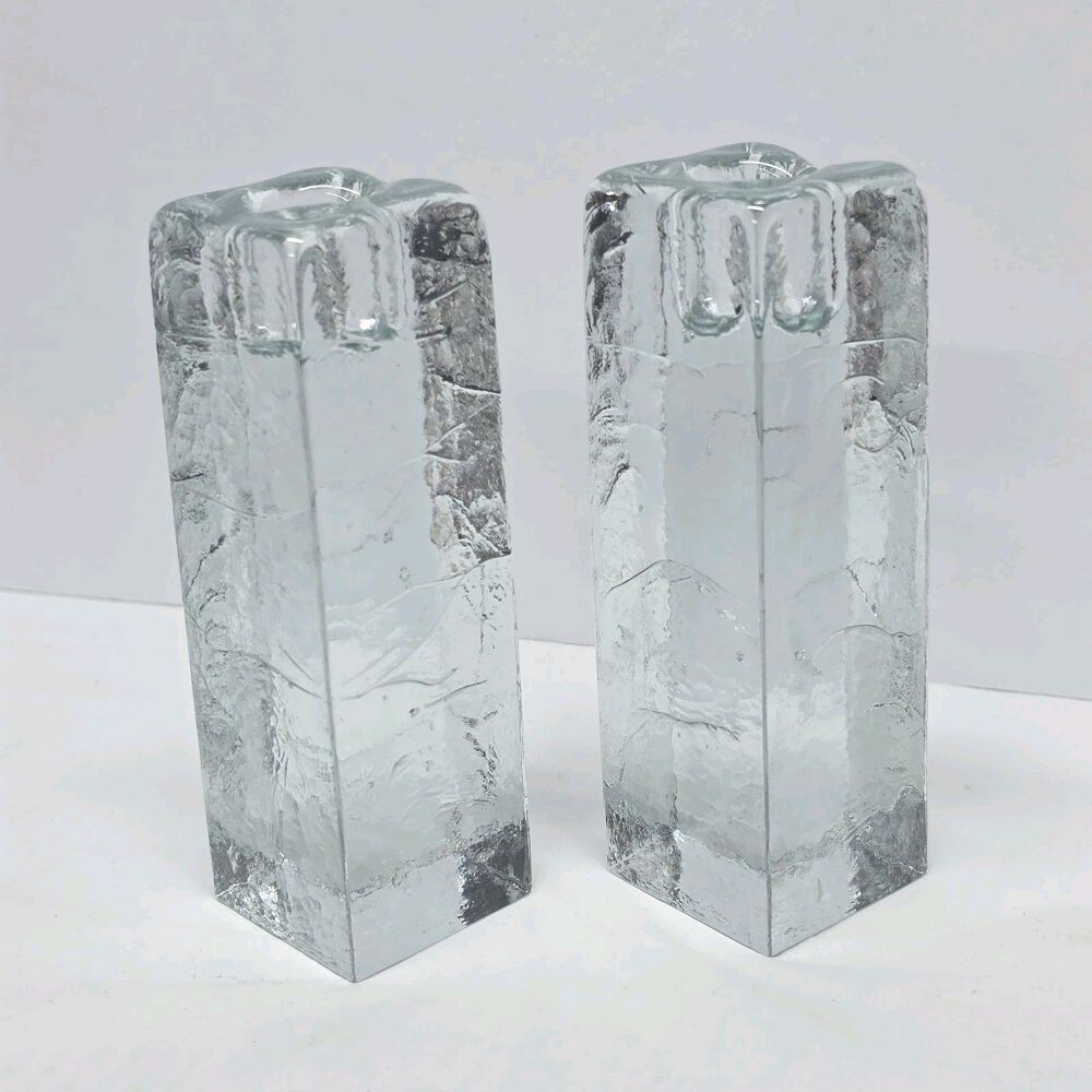 Vintage Blenko Lead Crystal Ice Cube Clear 6" Tall Taper Candle Holder Set MCM